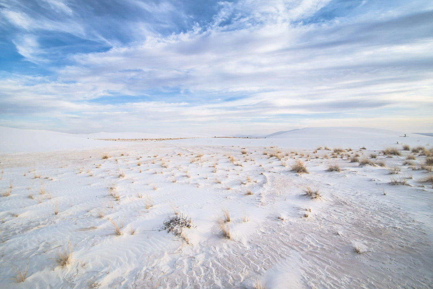 Fine photography print of the soft white sand landscape of White Sands National Park in New Mexico.
