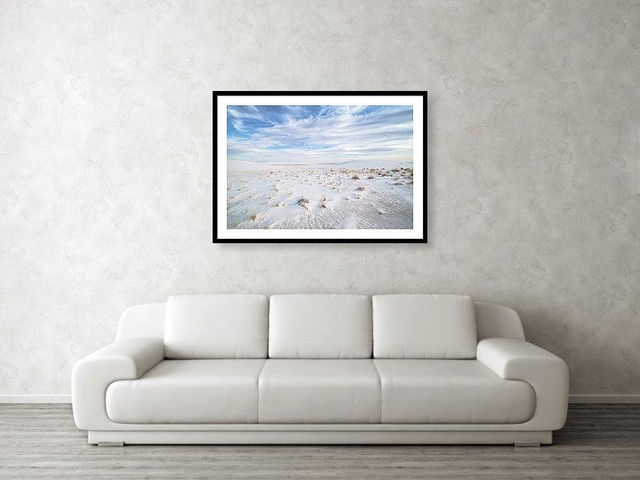 Framed fine photography print and wall art of the soft white sand landscape of White Sands National Park in New Mexico.