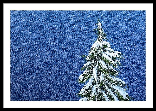 Framed fine print of a snow-capped evergreen on the banks of a wind-rippled Crater Lake National Park in Oregon.