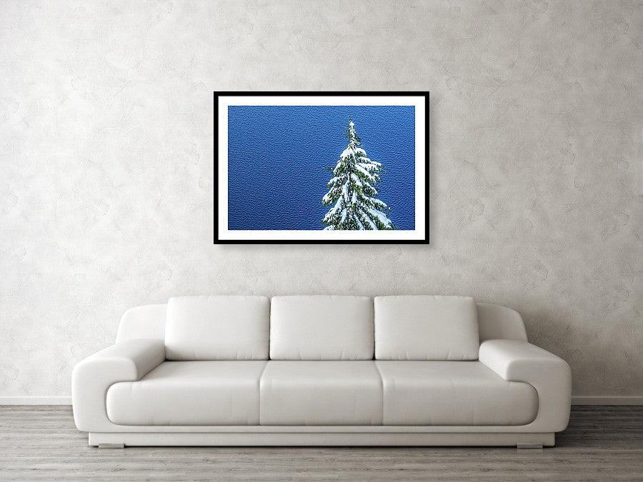 Framed fine print and wall art of a snow-capped evergreen on the banks of a wind-rippled Crater Lake National Park in Oregon.