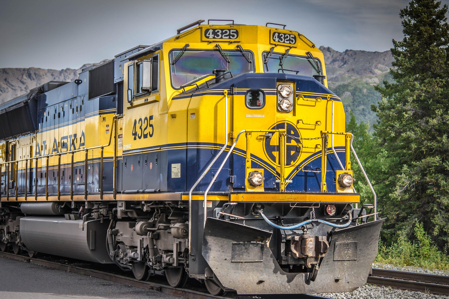 Fine photographic print of the Alaskan Gold Star Railroad train engine pulling into Denali National Park.