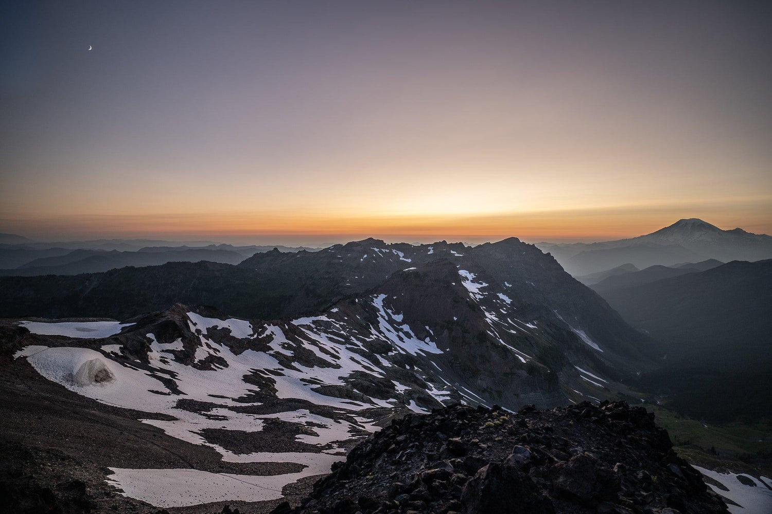 Fine Pacific Crest Trail photography print of the sun set over top of the Goat Rocks area of the PCT.