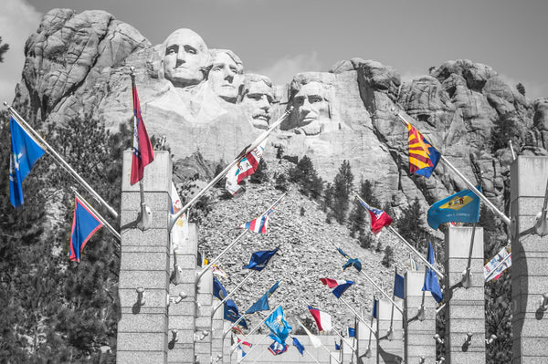 Fine Mount Rushmore National Memorial photography print of Mount Rushmore and the state flags.