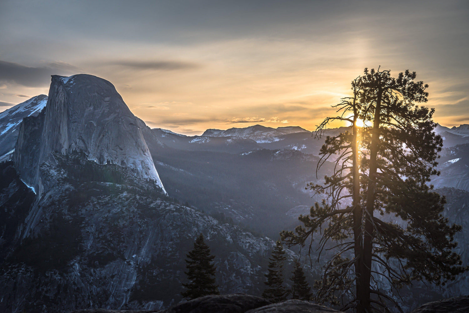 Fine photographic and art print of sunrise at Glacier Point in Yosemite National Park in California with Half Dome in the near distance and a tree in the foreground.