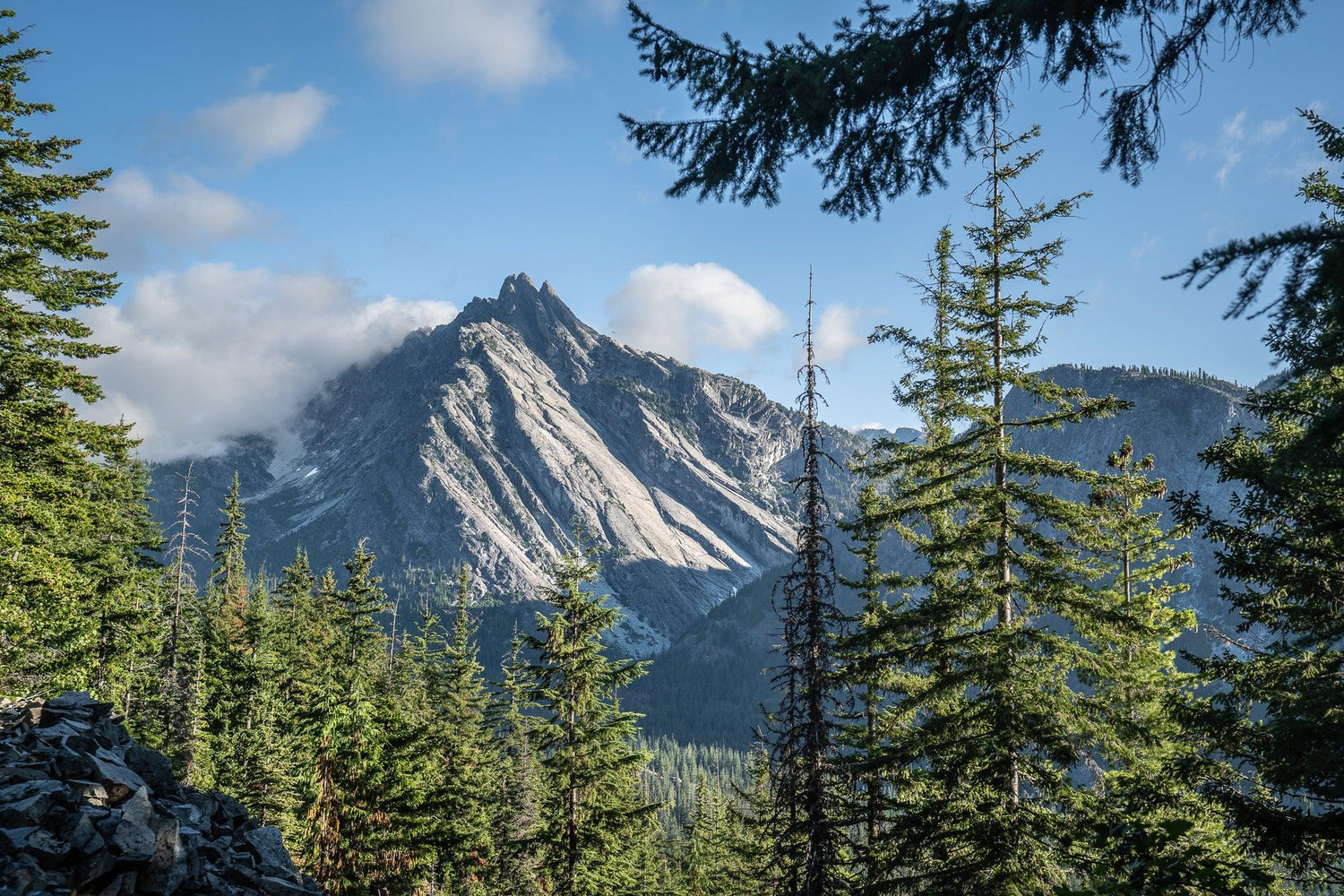 Fine Pacific Crest Trail photography print of towering mountain peak descending into Milk Creek through the green Washington forests.