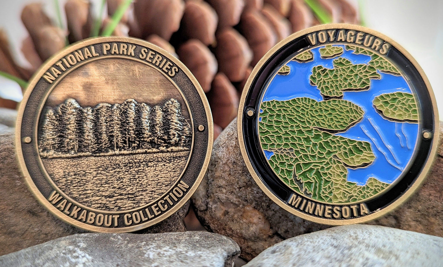 A round challenge coin with a gold-colored edge and a colorful image of a lake surrounded by trees. 