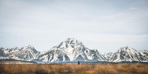 Fine Grand Teton National Park photography print of vast expanse of the Grand Teton mountain range covered in snow. 