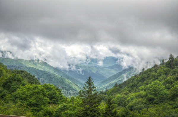 Fine Great Smokey National Park photography print of smoke rolling over the green mountains of Tennessee.