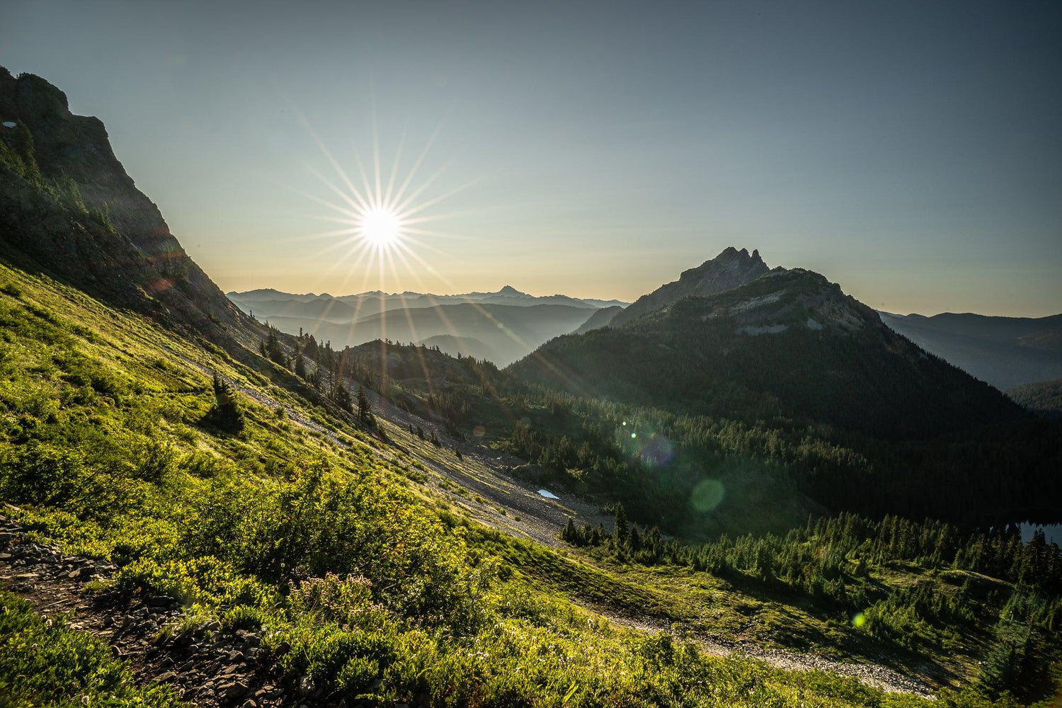 Fine Pacific Crest Trail photography print of the sun star rising along a warm section of Washington.