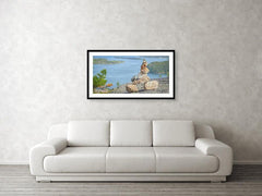 Framed fine photographic and wall art print of a rock cairn in the foreground of the waterways of Acadia National Park in Maine.