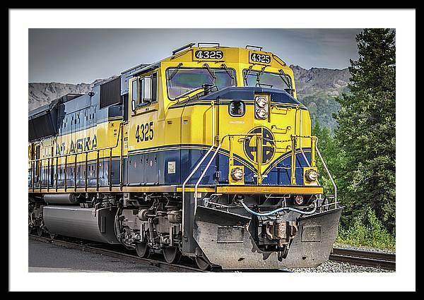 Framed fine photographic print of the Alaskan Gold Star Railroad train engine pulling into Denali National Park.