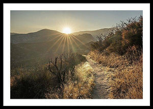 Framed fine photographic and art print of a sunrise highlighting the desert trail of the Pacific Crest Trail with mountains in the background.