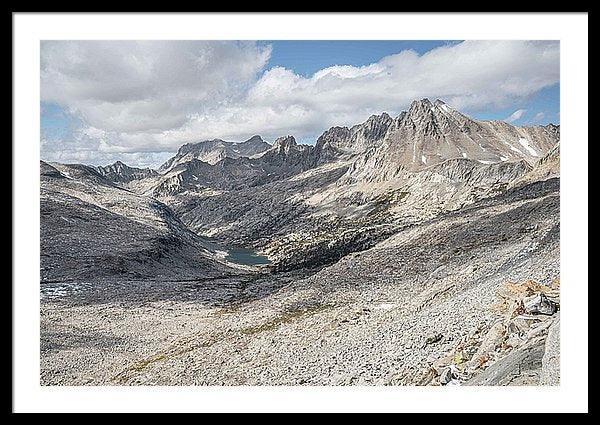 Framed fine Pacific Crest Trail photography print of the trail traversing over the jagged peaks of Mather Pass in California.
