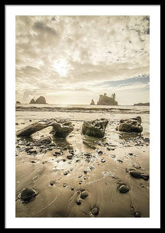 Framed fine photographic print of the sun setting on the rocky beaches of Olympic National Park.