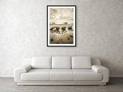 Framed fine photographic and wall art print of the sun setting on the rocky beaches of Olympic National Park.