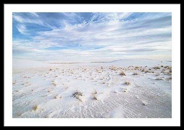 Framed fine photography print of the soft white sand landscape of White Sands National Park in New Mexico. 