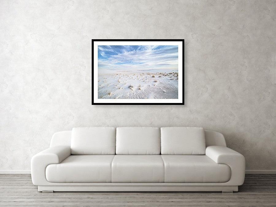 Framed fine photography print and wall art of the soft white sand landscape of White Sands National Park in New Mexico. 