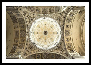 Framed fine photography print of the well-illuminated and ornately carved decorated dome of the Theatine Church in Munich Germany.