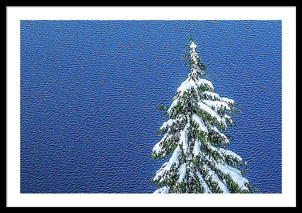 Framed fine print of a snow-capped evergreen on the banks of a wind-rippled Crater Lake National Park in Oregon. 
