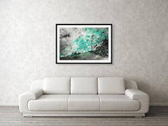 Framed fine photographic and wall art print of bright blue water melting off a glacier in Wrangell St Elias National Park in Alaska.